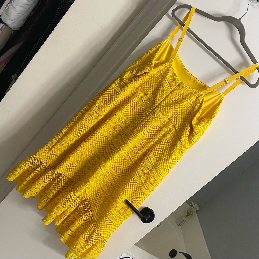 J. Crew Sunny Yellow Eyelet Crochet Lace Tiered Midi Dress Sundress Size 16 - Picture 6 of 15